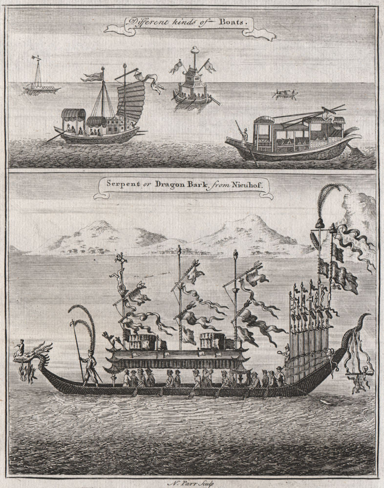 CHINESE BOATS. 'Serpent or Dragon Bark'. Dragon boat. After NIEUHOF 1746 print